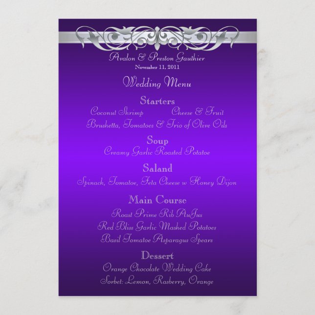 Grand Duchess Purple Scroll Wedding Menu (Front)