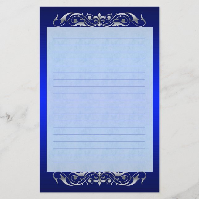 Grand Duchess Silver Scroll Lined Blue Stationery (Front)