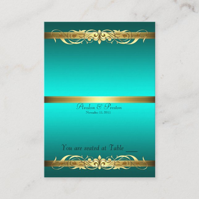 Grand Duchess Teal & Gold Scroll Table Placecard (Front)