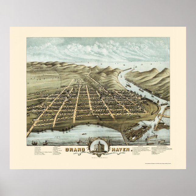 Grand Haven, MI Panoramic Map - 1874 Poster (Front)