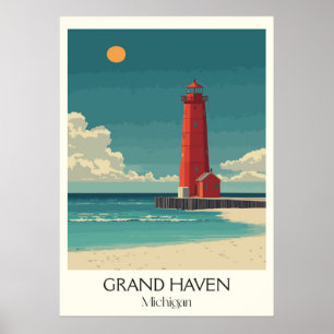 Grand Haven Michigan Vintage Lighthouse Beach Art Poster