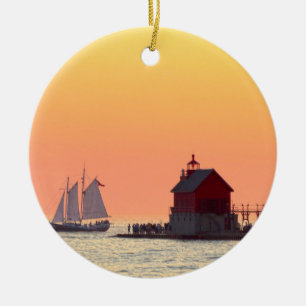 Grand Haven Outer Lighthouse and Ship Ceramic Tree Decoration