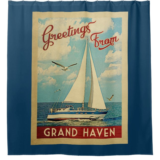 Grand Haven Sailboat Vintage Travel Michigan Shower Curtain (Front)