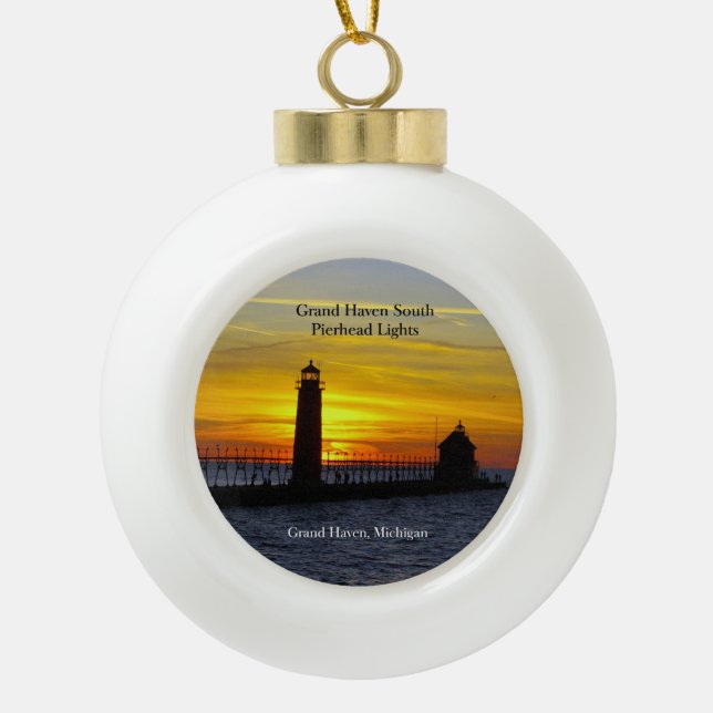 Grand Haven South Pierhead Lights sunset ornament (Front)