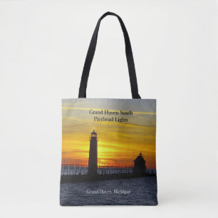 Grand Haven South Pierhead Lights sunset tote bag