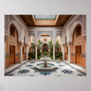 Grand Moroccan Riad Courtyard with Marble Fountain Poster