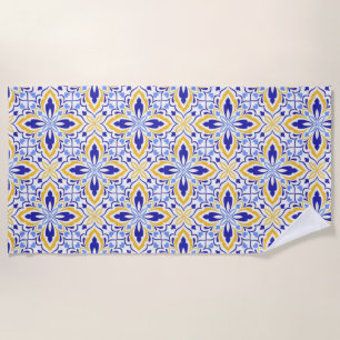 Grand Mosaic Blue and Gold Floral Mediterranean Beach Towel