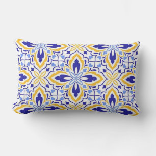 Grand Mosaic Blue and Gold Floral Mediterranean Lumbar Cushion