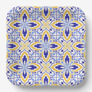 Grand Mosaic Blue and Gold Floral Mediterranean Paper Plate