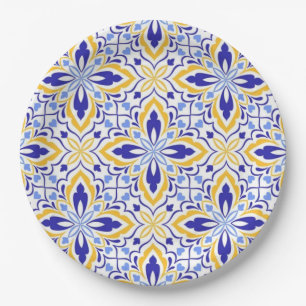 Grand Mosaic Blue and Gold Floral Mediterranean Paper Plate
