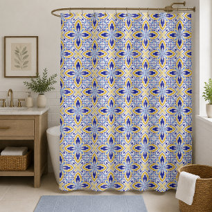 Grand Mosaic Blue and Gold Floral Mediterranean Shower Curtain