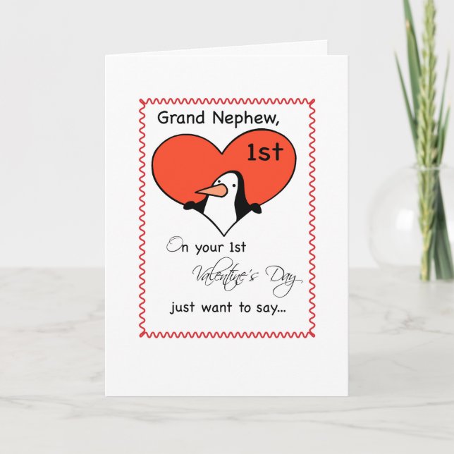 Grand Nephew 1st Valentine's Day Cute Penguin Holiday Card (Front)