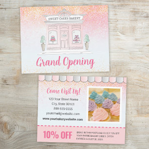 Grand Opening Bakery Cafe Pink Glitter Announcement Postcard