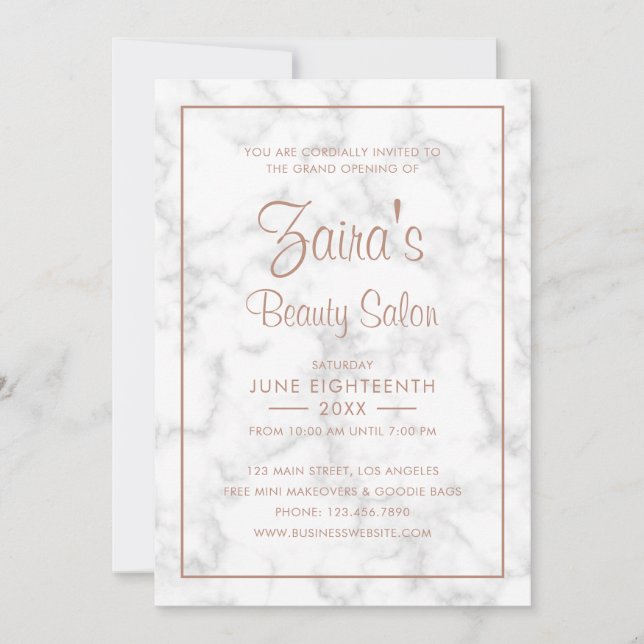 Grand Opening Beauty Salon Modern Marble Rose Gold Invitation (Front)
