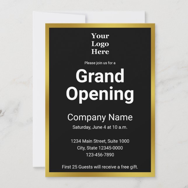 Grand Opening Black and Gold Business Invitation (Front)