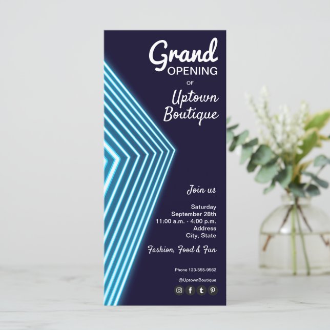 Grand Opening Blue Neon Invitations (Standing Front)