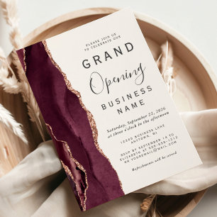 Grand Opening Burgundy Rose Gold Agate Invitation