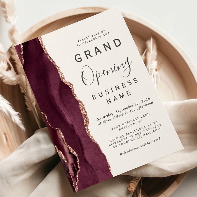 Grand Opening Burgundy Rose Gold Agate Invitation (Creator Uploaded)