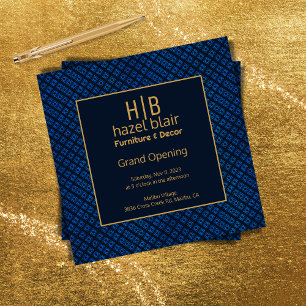 Grand Opening Business Gold Monogram Blue Squares Invitation
