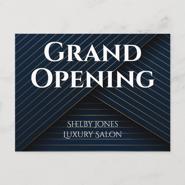 Grand Opening Elegant Navy Blue Gold Business Postcard (Front)