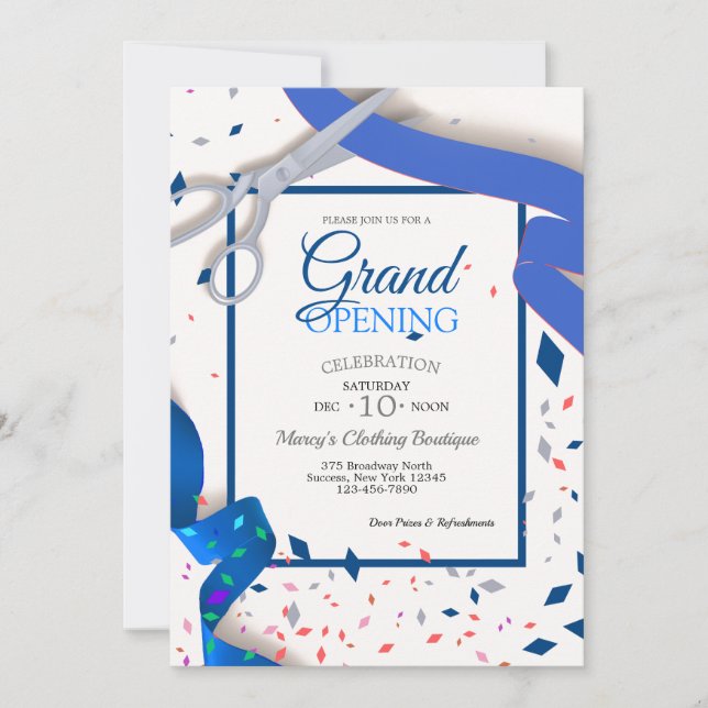 Grand Opening Event Blue Ribbon (Open Back) Invitation (Front)