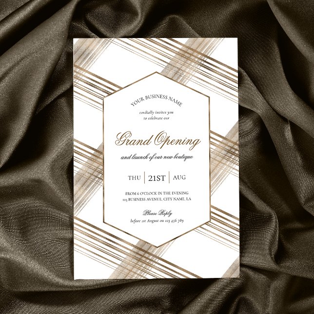 Grand Opening Event White & Gold Elegant Corporate Invitation (Elegant gold effect business grand opening event invitations with calligraphy fonts & modern layout)