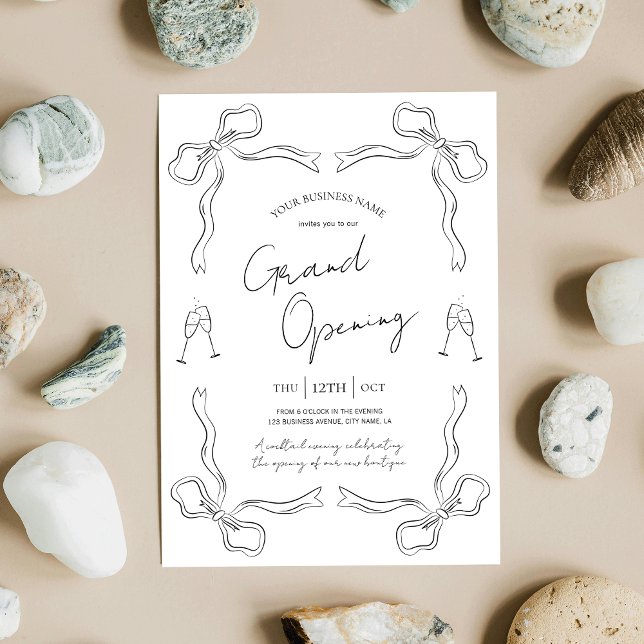 Grand Opening Hand Drawn Black & White Business Invitation (Elegant hand drawn whimsical business grand opening event invitations in black and white)