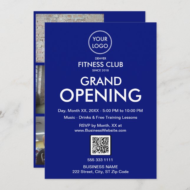 Grand Opening Modern Blue Business Logo QR Code Invitation (Front/Back)