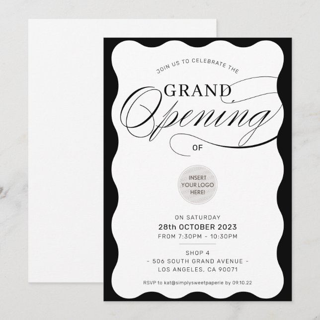 GRAND OPENING modern business event black wave Invitation (Front/Back)