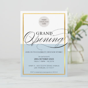 GRAND OPENING modern business logo pale blue gold Invitation
