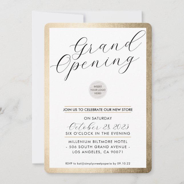 GRAND OPENING modern calligraphy business gold Invitation (Front)