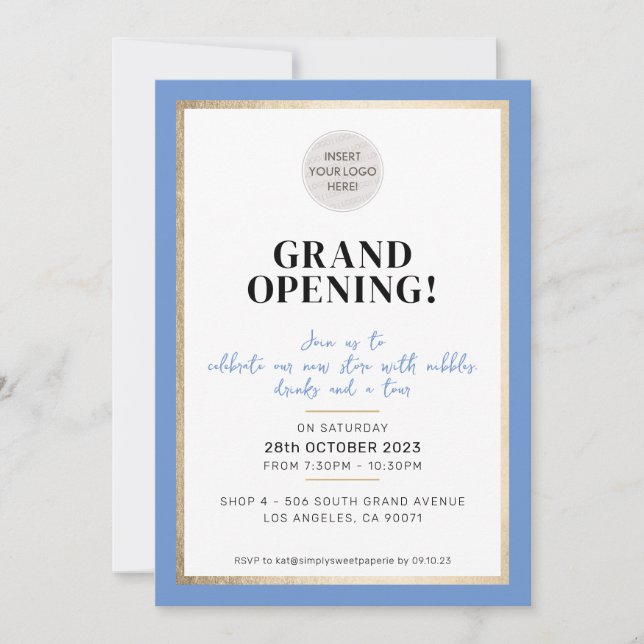 GRAND OPENING modern minimal logo cornflower blue Invitation (Front)