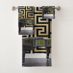 Grand Piano with Gold Greek Key Border Designer's Bath Towel Set