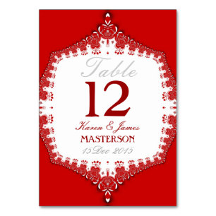 Grand Red+White Lace Wedding Table Number Card