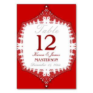 Grand Red+White Lace Wedding Table Number Card