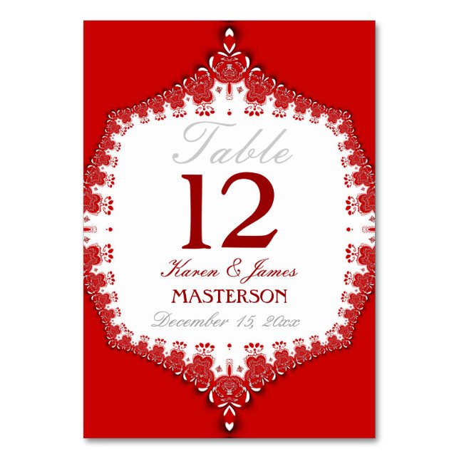 Grand Red+White Lace Wedding Table Number Card (Front)