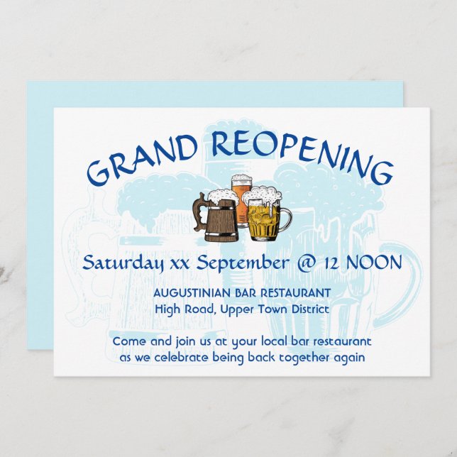 GRAND REOPENING Bar Reunion Customisable PALE BLUE Invitation (Front/Back)