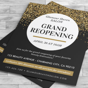 Grand Reopening Black Gold Glitter Salon Flyer