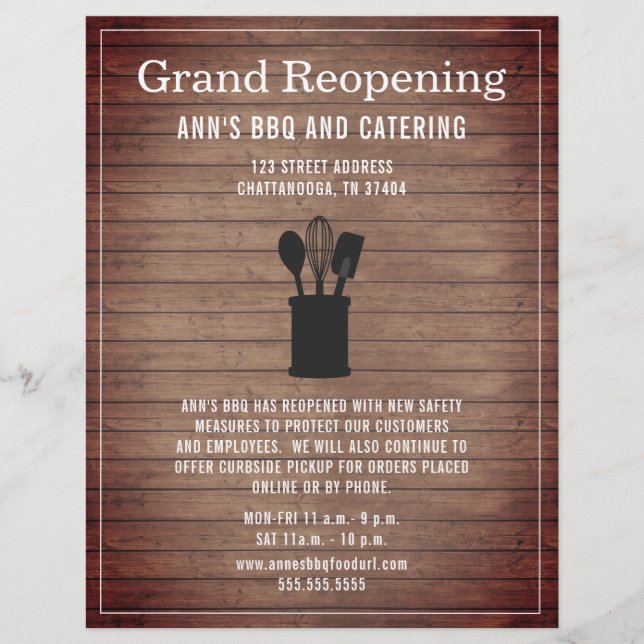 Grand Reopening Rustic Restaurant Crock Wood Flyer (Front)