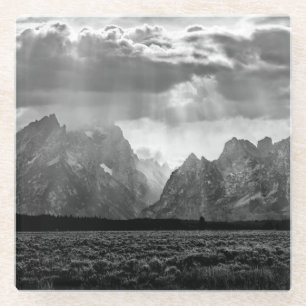 Grand Teton Mountain Range in Black and White Glass Coaster
