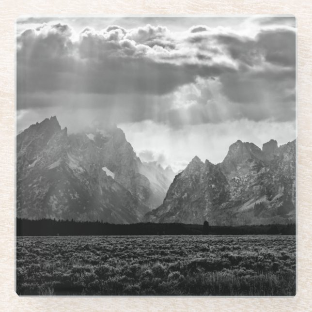 Grand Teton Mountain Range in Black and White Glass Coaster (Front)