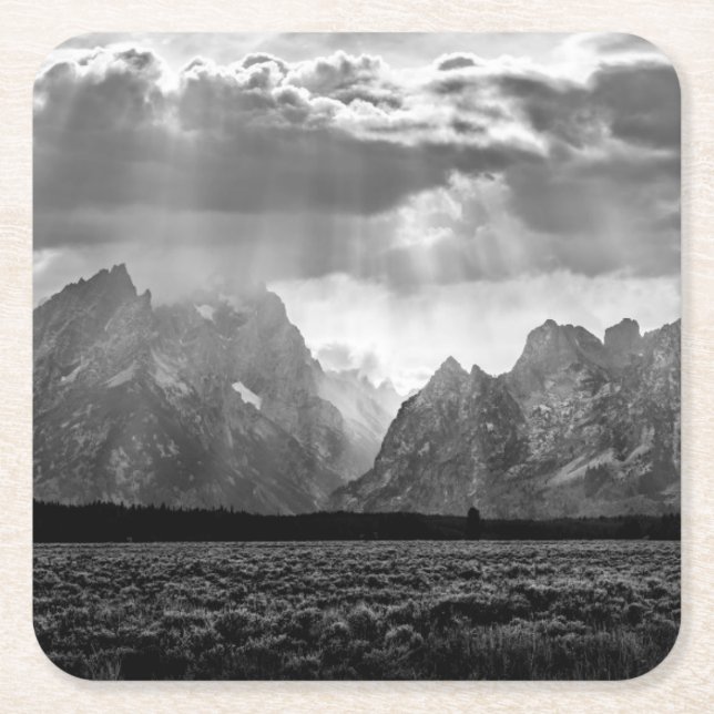 Grand Teton Mountain Range in Black and White Square Paper Coaster (Front)