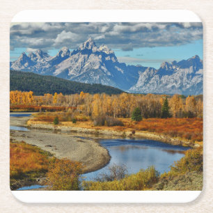 Grand Teton Mountains River View in Autumn Square Paper Coaster