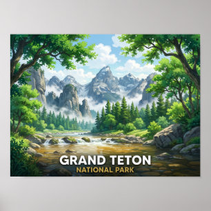 Grand Teton National Park Anime Landscape Poster