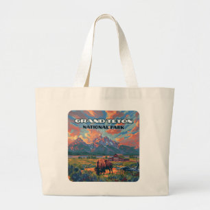 Grand Teton National Park Mountains Bison Wyoming Large Tote Bag