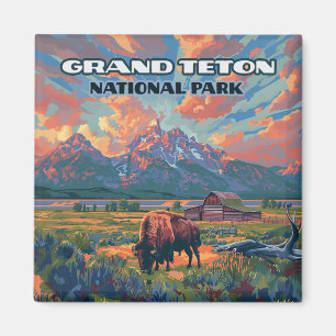 Grand Teton National Park Mountains Bison Wyoming Magnet