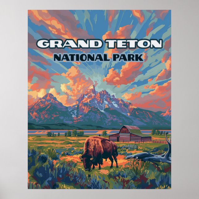 Grand Teton National Park Mountains Bison Wyoming Poster (Front)