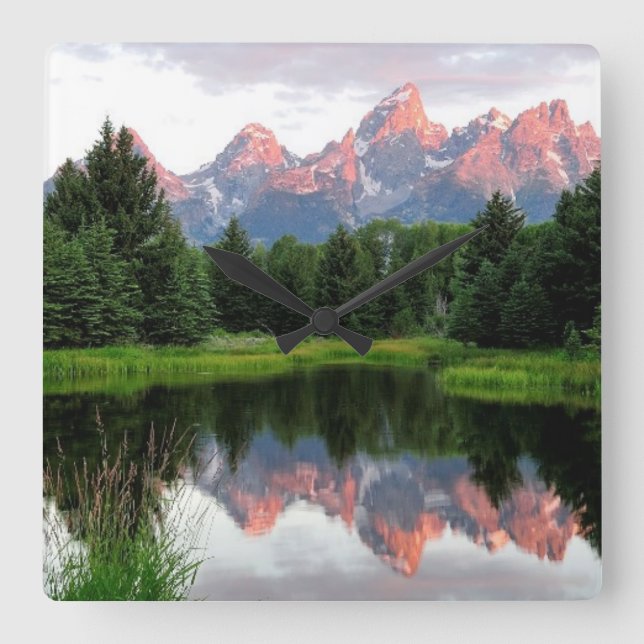 Grand Teton Reflections Over the Beaver Pond Square Wall Clock (Front)