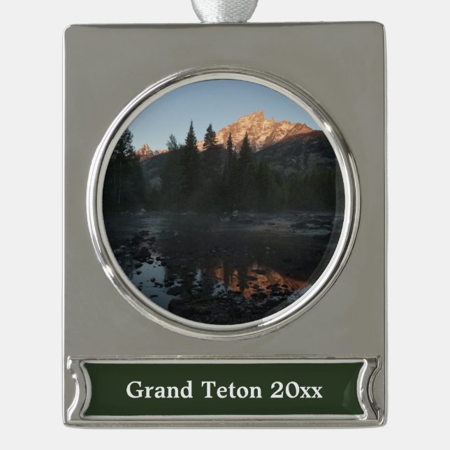 Grand Teton Sunrise at Cottonwood Creek Silver Plated Banner Ornament (Front)