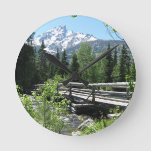 Grand Tetons Spring Snow and Wood Bridge Round Clock